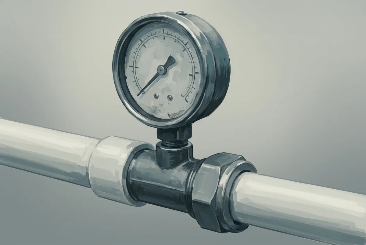 Illustrated close-up of a pressure gauge and a compression pipe fitting on pool equipment-pad plumbing